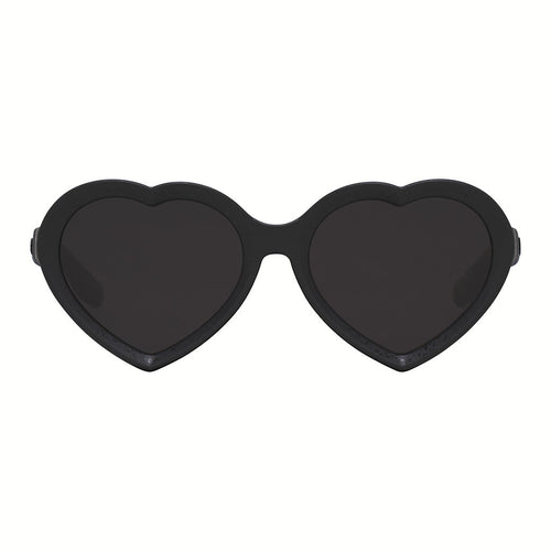 Heart-shaped sunglasses with a thick black frame and dark lenses, shown from a top-down view on a plain white background.