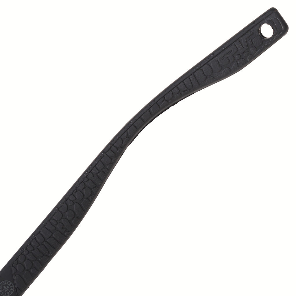 A black textured arm with a circular hole at one end, shown diagonally on a plain white background.