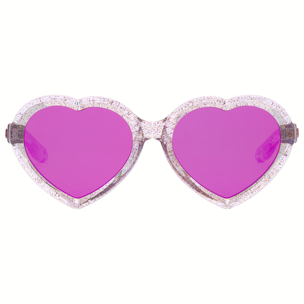 Heart-shaped sunglasses with bright pink lenses and a sparkling silver glitter frame, shown against a plain white background.