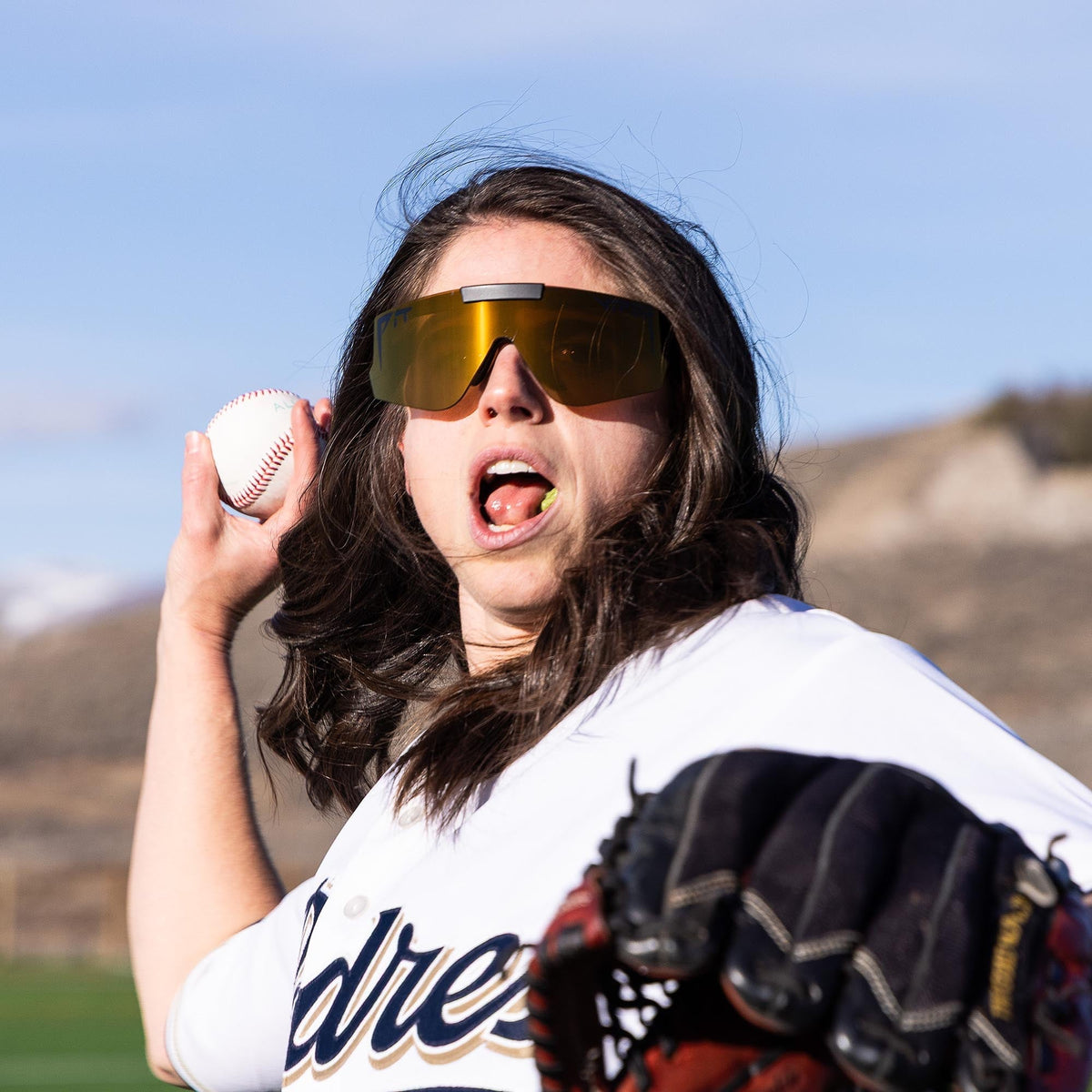 Front view of The Exec Flip-Offs 2.0 with Gold lens on white background