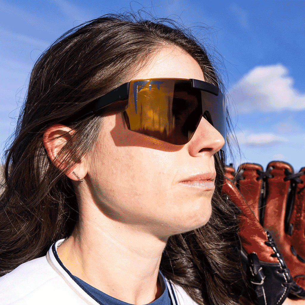 Front view of The Exec Flip-Offs 2.0 with Gold lens on white background