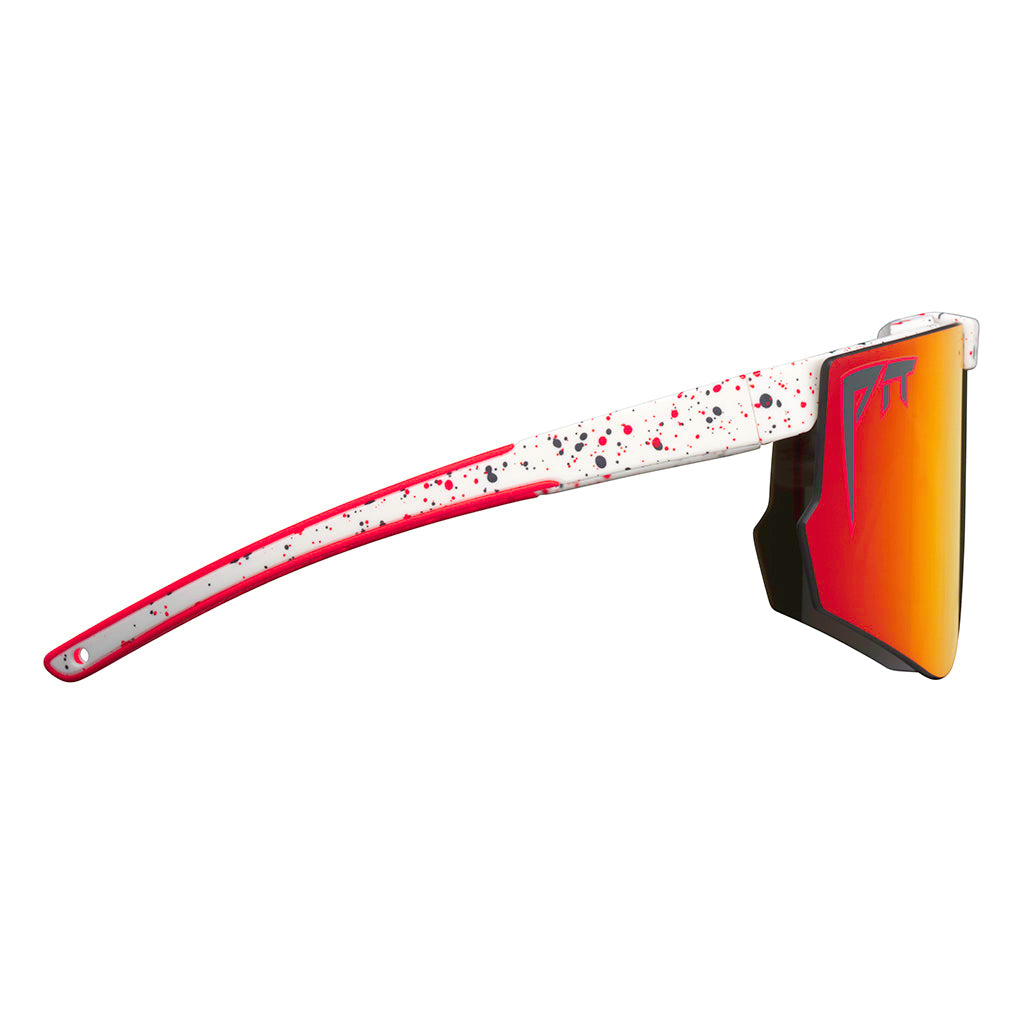 Angled view of The Heater Flip-Offs 2.0 in wide fit with red lens on white background