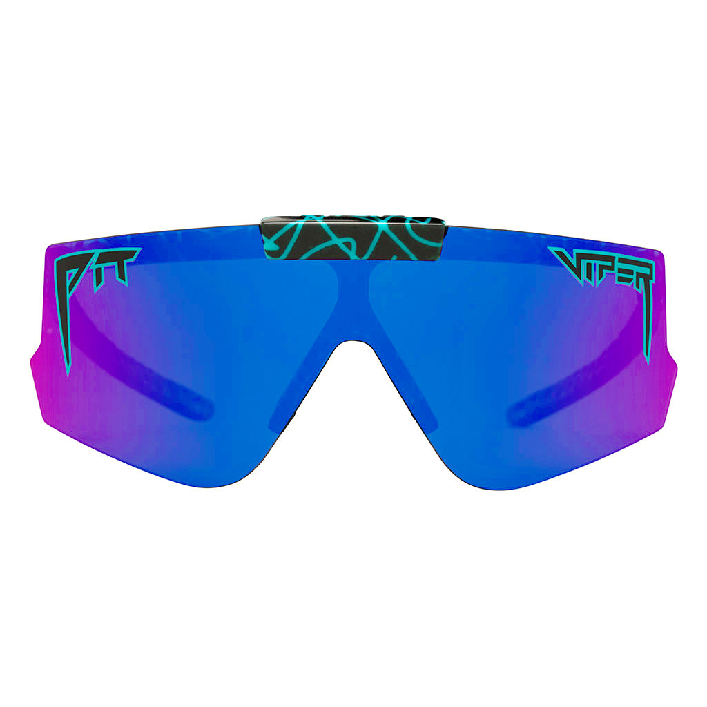 Front view of The Voltage Flip-Offs 2.0 in wide fit with pink-purple lens on white background