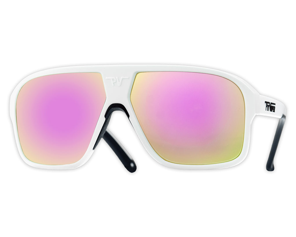 Angled view of The Miami Nights Flight Optics with pink lens on white background