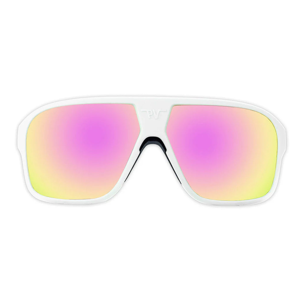 Front view of The Miami Nights Flight Optics with pink lens on white background