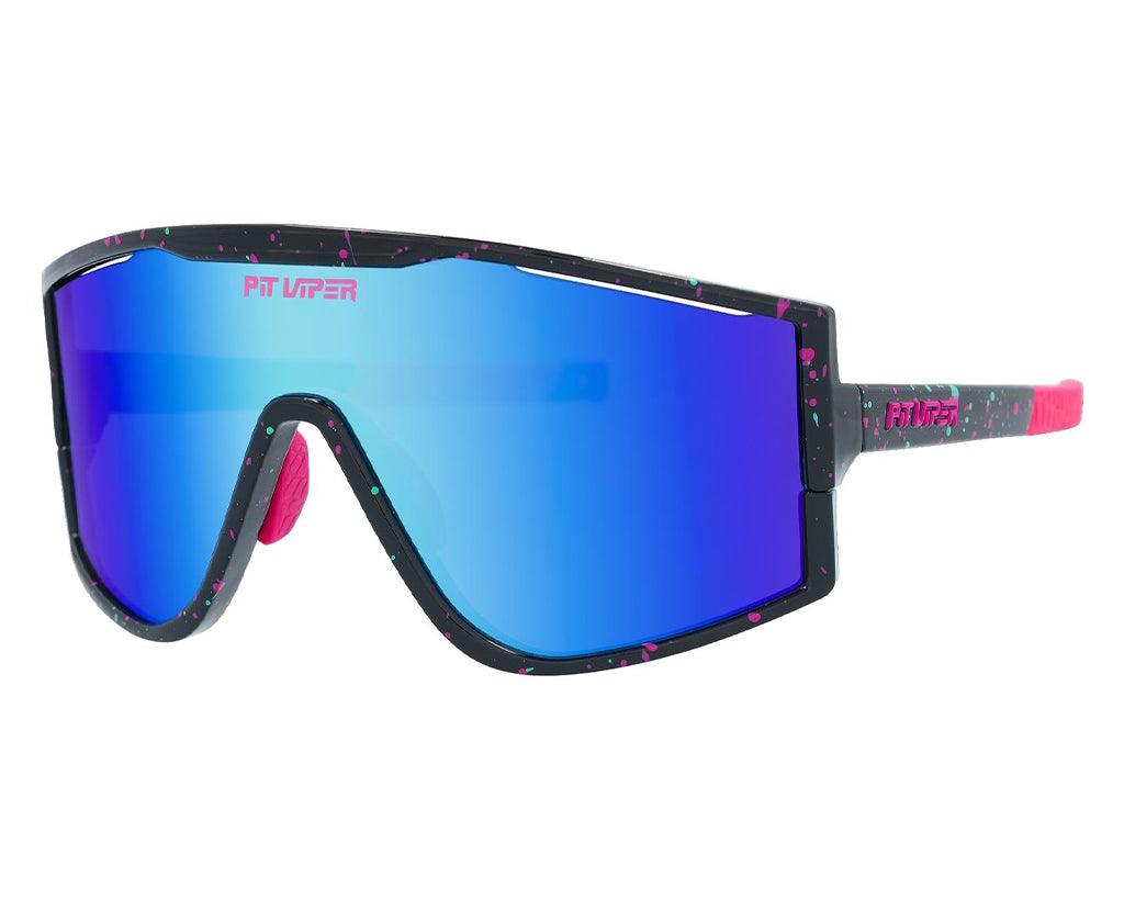Angled view of The Midnight Try-Hard with blue lens on white background