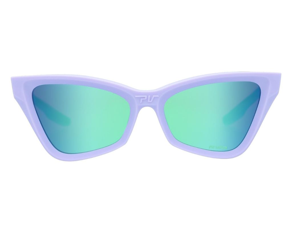 Angled view of The Moontower Clawdia with blue-green lens on white background
