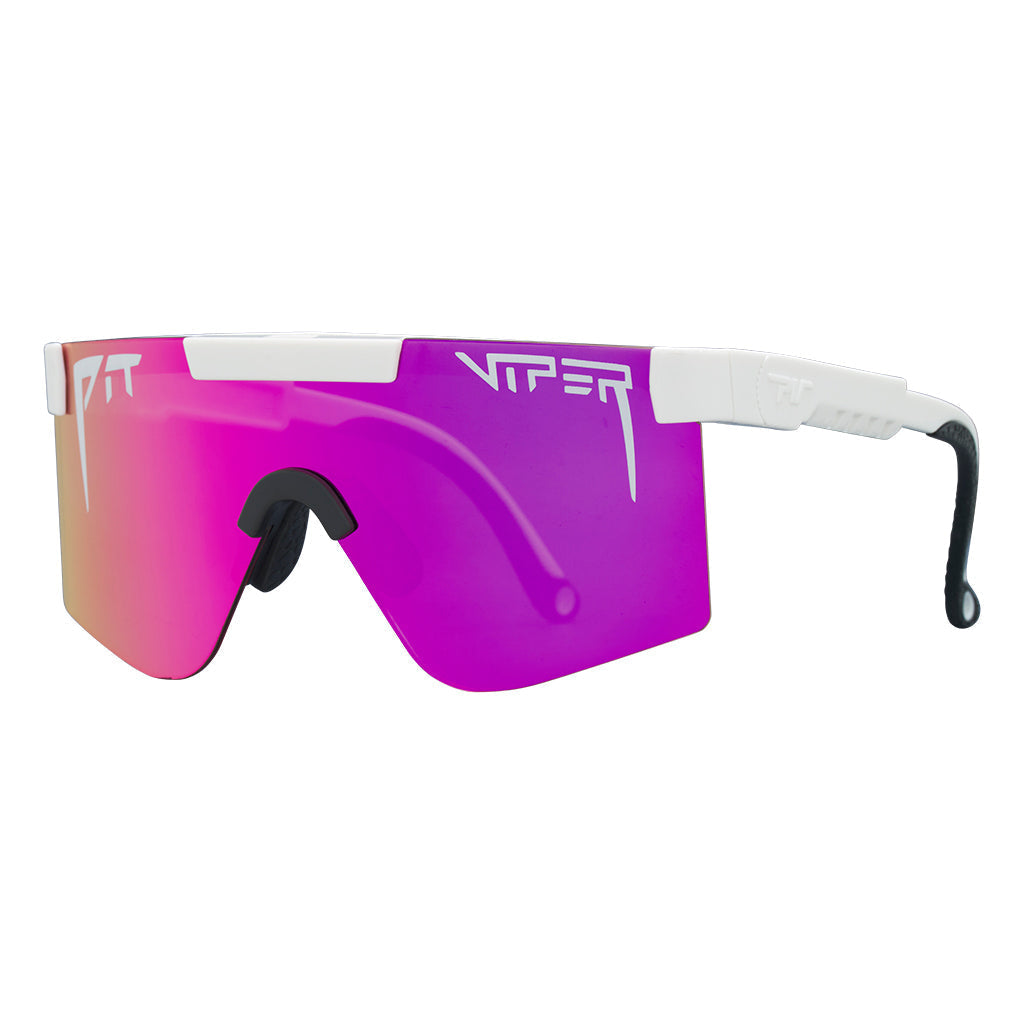 Angled view of The Miami Nights Junior with pink lens on white background