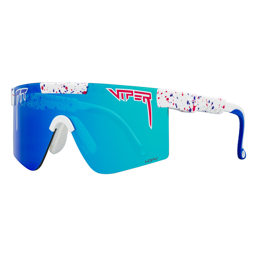 Angled view of The Merika Original 2.0 with hdpv polarized blue / regular lens on white background