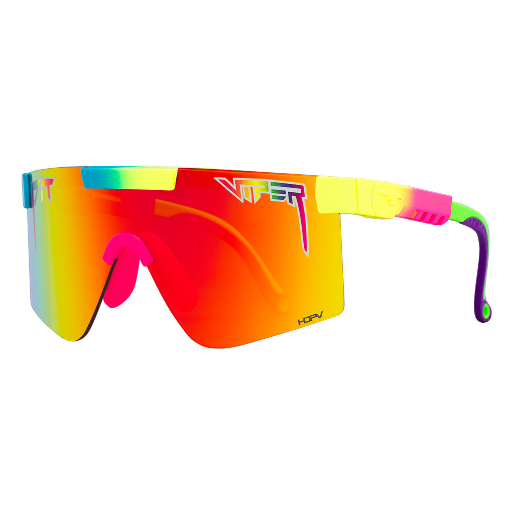 Angled view of The Pride Original 2.0 with hdpv polarized rainbow / regular lens on white background