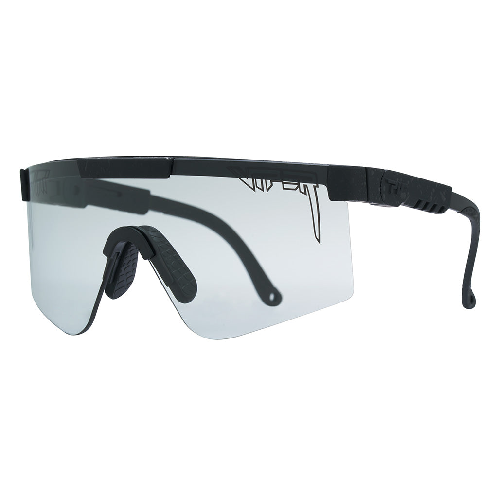 Angled view of The Blacking Out Original 2.0 in wide fit with photochromic smoke lens on white background