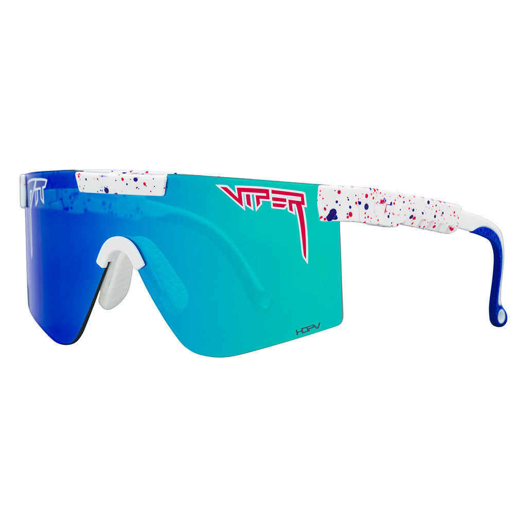 Angled view of The Merika Original 2.0 in wide fit with hdpv polarized blue lens on white background
