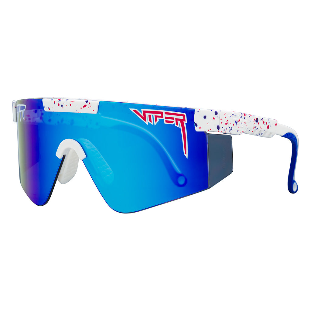 Angled view of The Merika Original 2.0 in wide fit with z87+ blue lens on white background