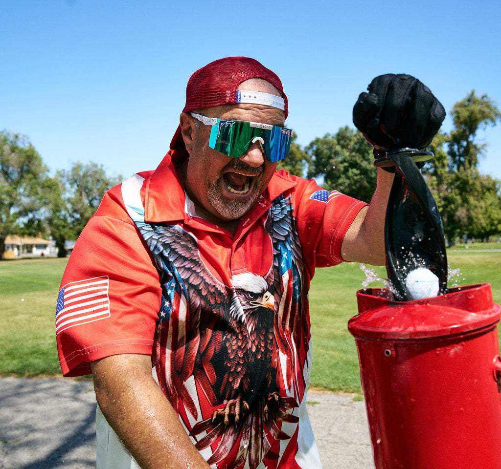 Person wearing The Merika Original 2.0 with HDPV Polarized Blue lens in wide fit