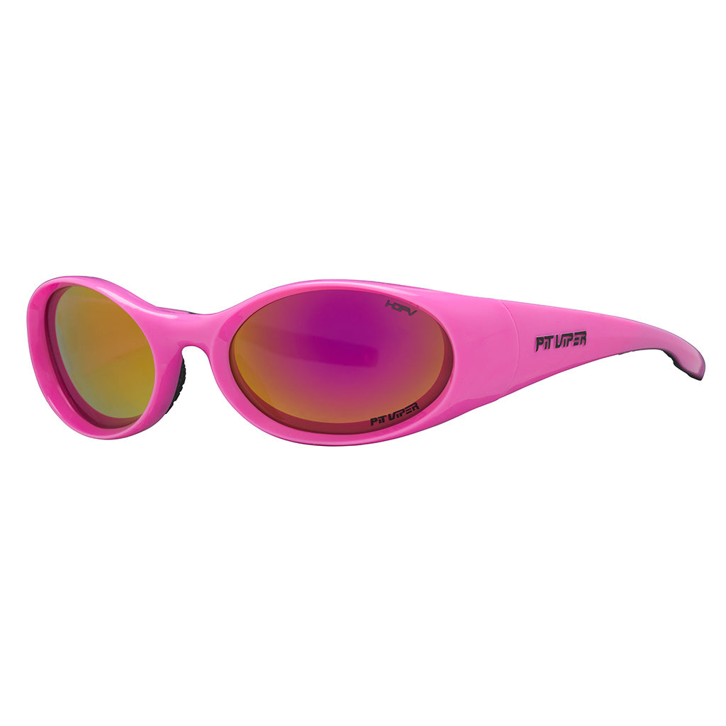 Angled view of The Juicy Slammer with z87+ hdpv polarized pink lens on white background