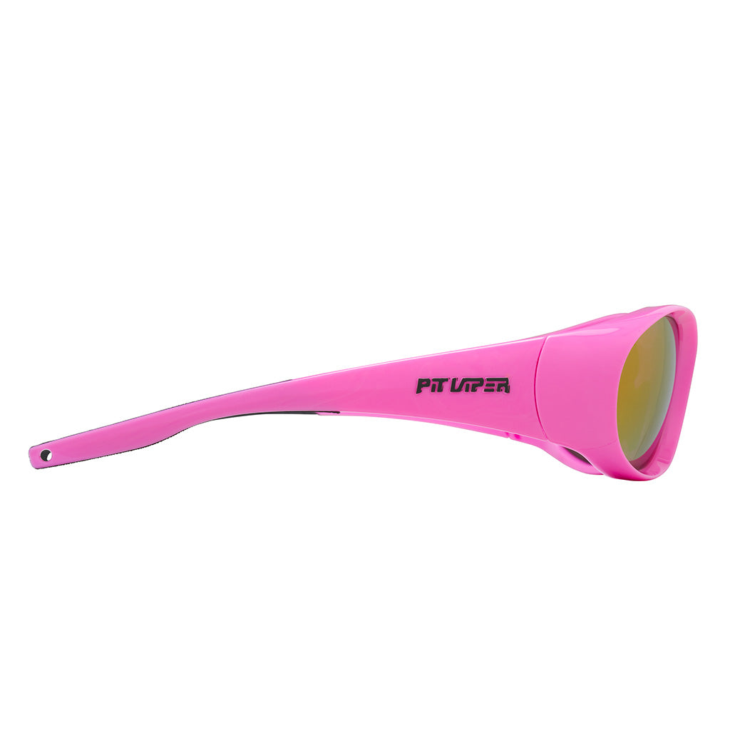 Angled view of The Juicy Slammer with z87+ hdpv polarized pink lens on white background
