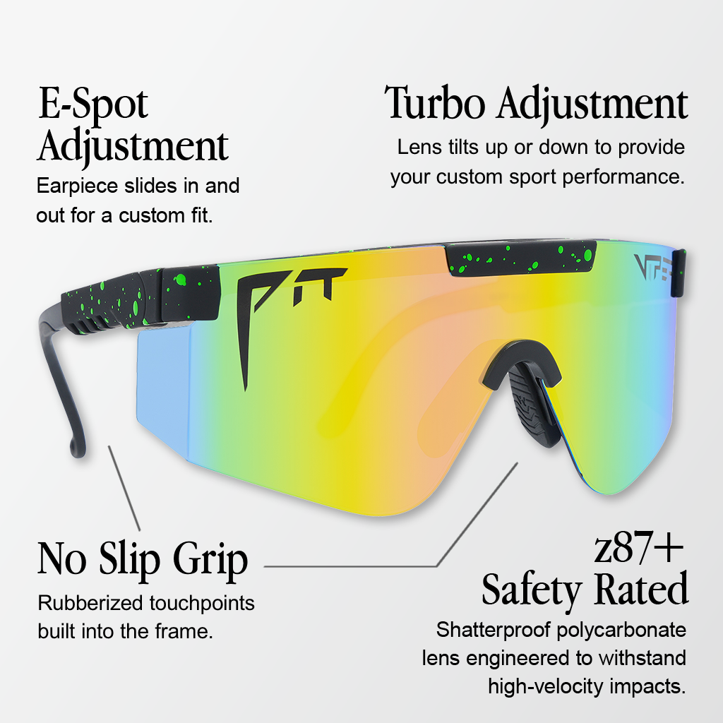 Infographic for Pit Viper 2000 Z87 sunglasses with 4 callouts: 'E-Spot Adjustment - Earpiece slides in and out for a custom fit.', 'Turbo Adjustment - Lens tilts up or down to provide your custom sport performance.', 'No Slip Grip - Rubberized touchpoints built into the frame.', 'z87+ Safety Rated - Shatterproof polycarbonate lens engineered to withstand high-velocity impacts.'