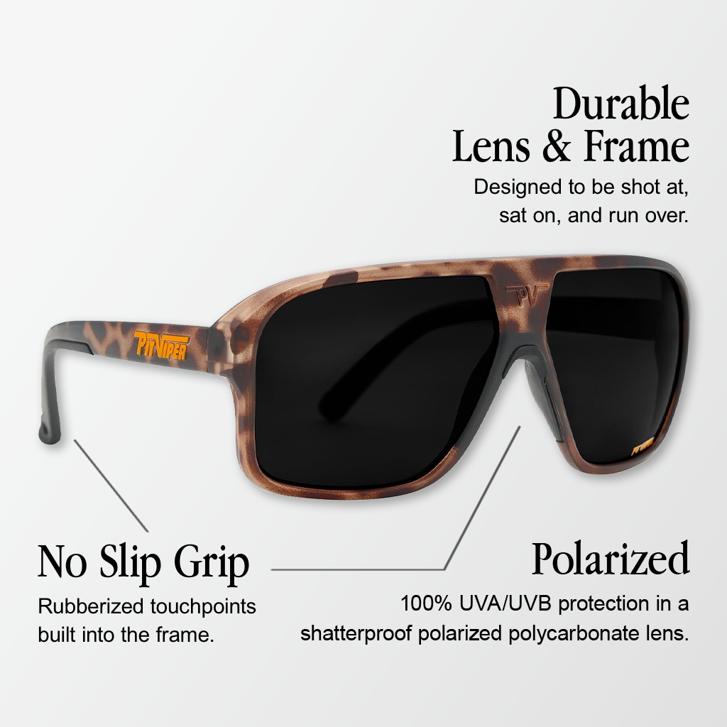 Infographic for Pit Viper Flight Optics Polar sunglasses with 3 callouts: 'Durable Lens & Frame - Designed to be shot at, sat on, and run over.', 'No Slip Grip - Rubberized touchpoints built into the frame.', 'Polarized - 100% UVA/UVB protection in a shatterproof polarized polycarbonate lens.'