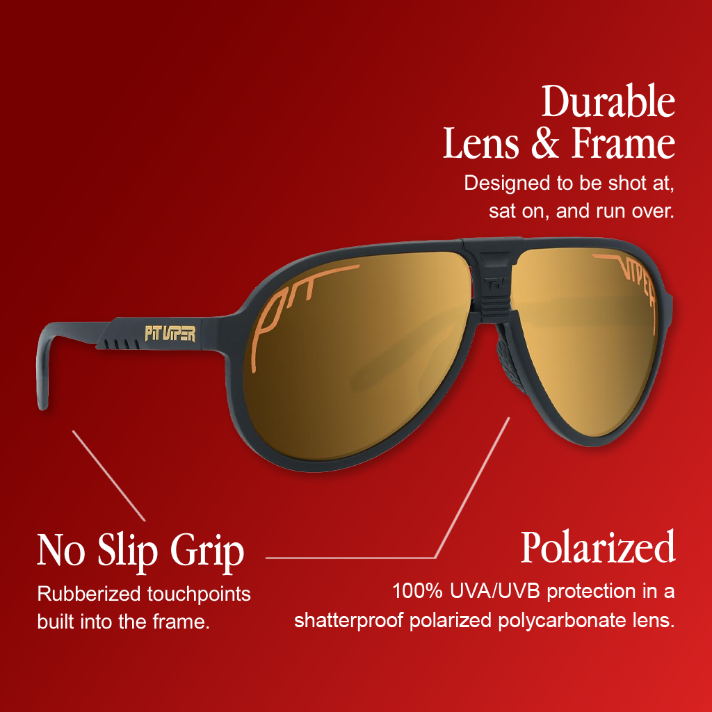 Infographic for Pit Viper Jethawk Polar sunglasses showing a side profile of black aviator-style frames with a gold/amber mirrored lens featuring outlined 'PIT' and 'VIPER' logos, and a 'PIT VIPER' text logo on the temple, set against a red gradient background, with 3 callouts: 'Durable Lens & Frame - Designed to be shot at, sat on, and run over.', 'No Slip Grip - Rubberized touchpoints built into the frame.', 'Polarized - 100% UVA/UVB protection in a shatterproof polarized polycarbonate lens.'