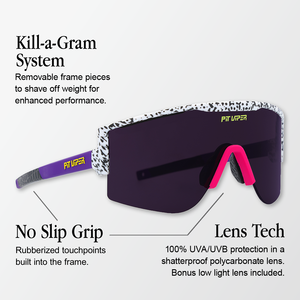 Infographic for Pit Viper Try Hard sunglasses with 3 callouts: 'Kill-a-Gram System - Removable frame pieces to shave off weight for enhanced performance.', 'No Slip Grip - Rubberized touchpoints built into the frame.', 'Lens Tech - 100% UVA/UVB protection in a shatterproof polycarbonate lens. Bonus low light lens included.'