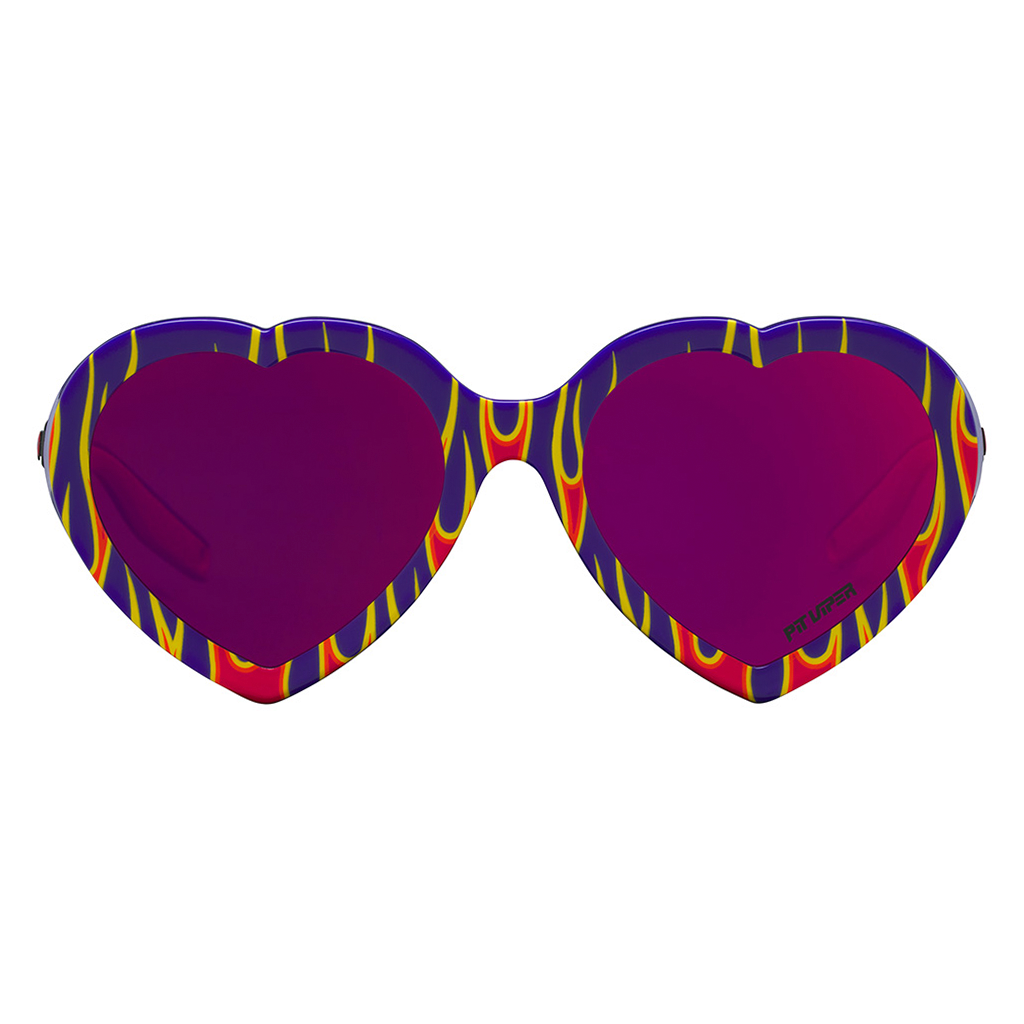 The Combustion Admirer, heart shaped sunglasses with flames.