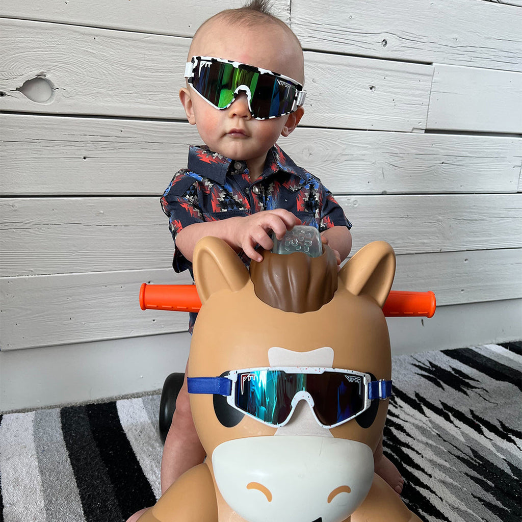 Person wearing The Cowabunga Baby Vipes with Blue-Green lens