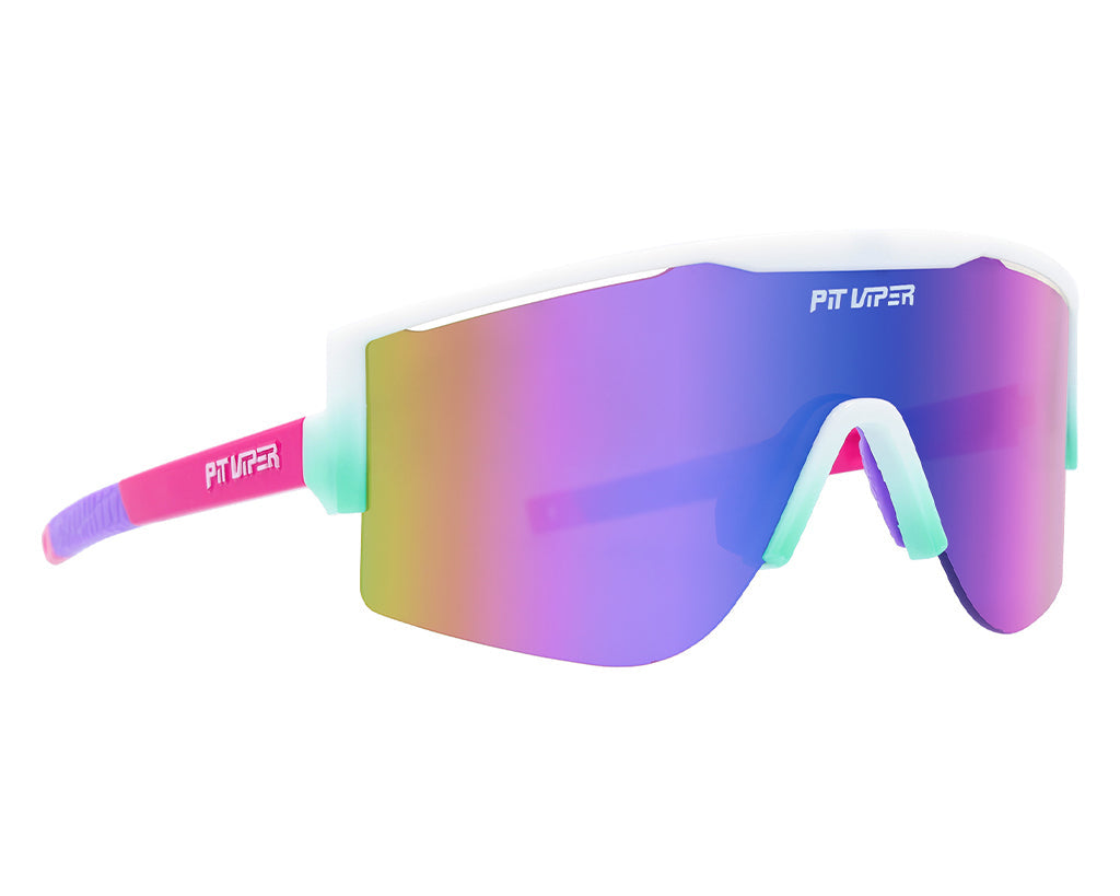 Angled view of The Bonaire Breeze Try-Hard with blue-purple lens on white background