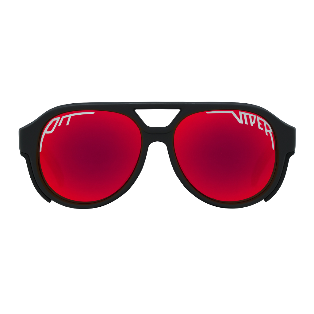 The Exec Exciter from Pit Viper, Glacier glasses with a black frame and red lens