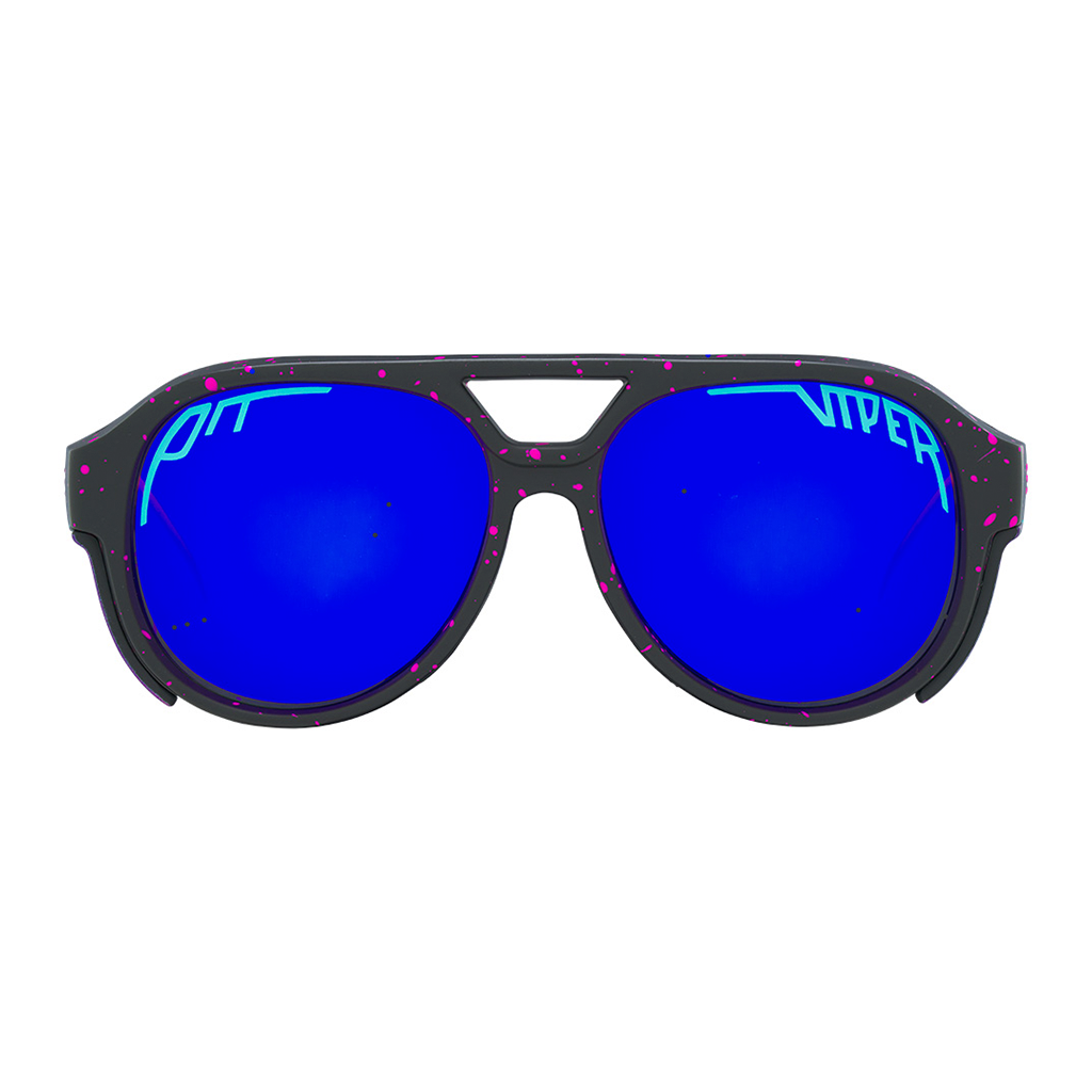 The Ignition Exciter from Pit Viper, glacier glasses style sunglasses with a purple flames on the frame with a blue lens