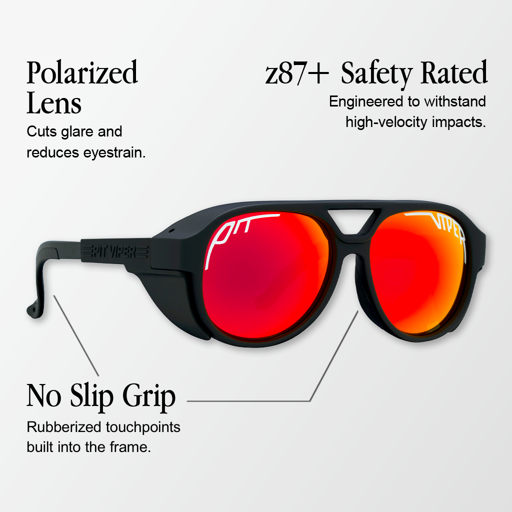 Infographic for Pit Viper Exciter Polar sunglasses showing round black sunglasses with side shields and red-orange mirrored lenses reading 'PIT' on the left lens and 'VIPER' on the right lens, with 'PIT VIPER' embossed on the temple arm, angled on a light gray background, with 3 callouts: 'Polarized Lens - Cuts glare and reduces eyestrain.', 'z87+ Safety Rated - Engineered to withstand high-velocity impacts.', 'No Slip Grip - Rubberized touchpoints built into the frame.'