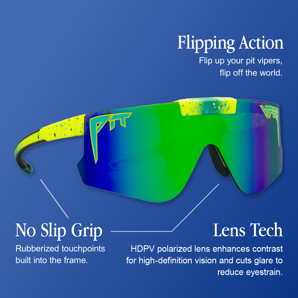 Infographic for Pit Viper Flip Offs HDPV Polar sunglasses showing a neon yellow speckled frame with a flip-up green-to-blue mirrored polarized lens bearing a teal-outlined 'PIT' logo and 'VIPER' text on the arm, set against a blue gradient background, with 3 callouts: 'Flipping Action - Flip up your pit vipers, flip off the world.', 'No Slip Grip - Rubberized touchpoints built into the frame.', 'Lens Tech - HDPV polarized lens enhances contrast for high-definition vision and cuts glare to reduce eyestrain.'