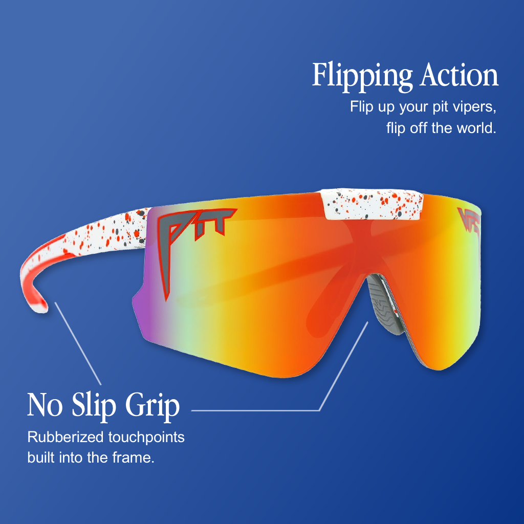 Infographic for Pit Viper Flip Offs sunglasses showing a white frame with a red/orange paint-splatter pattern and a flip-up red-orange-yellow mirrored shield lens with a 'PIT' logo on the flip-up section and 'VIPER' text visible on the arm, set against a blue gradient background, with 2 callouts: 'Flipping Action - Flip up your pit vipers, flip off the world.', 'No Slip Grip - Rubberized touchpoints built into the frame.'