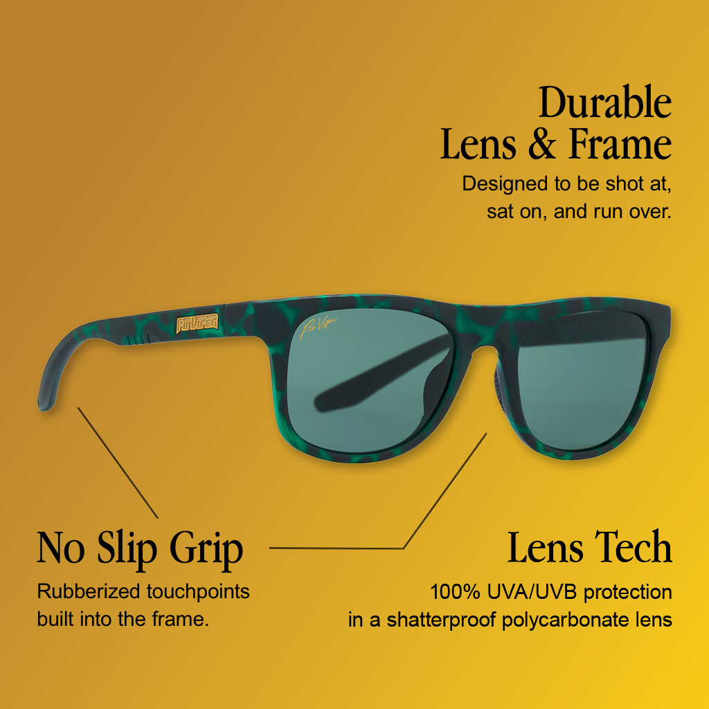 Infographic for Pit Viper Highball sunglasses showing a green tortoiseshell-pattern square frame with dark green lenses and a gold 'PIT VIPER' logo on the temple, viewed from the side against a gold gradient background, with 3 callouts: 'Durable Lens & Frame - Designed to be shot at, sat on, and run over.', 'No Slip Grip - Rubberized touchpoints built into the frame.', 'Lens Tech - 100% UVA/UVB protection in a shatterproof polycarbonate lens'