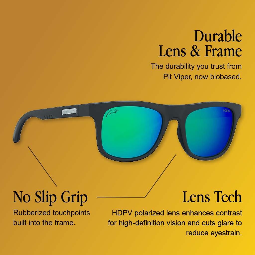 Infographic for Pit Viper Highball Bio sunglasses with 3 callouts: 'Durable Lens & Frame - The durability you trust from Pit Viper, now biobased.', 'No Slip Grip - Rubberized touchpoints built into the frame.', 'Lens Tech - HDPV polarized lens enhances contrast for high-definition vision and cuts glare to reduce eyestrain.'