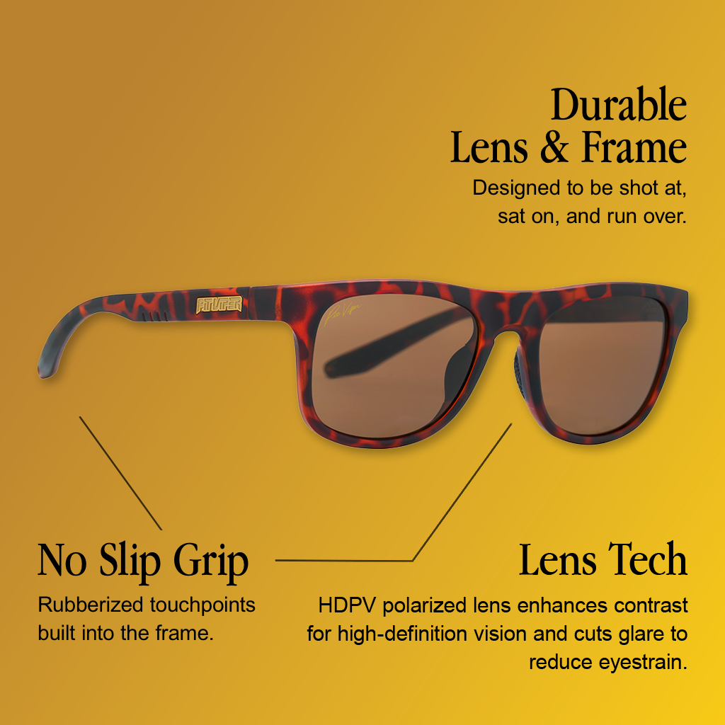 Infographic for Pit Viper Highball HDPV Polarized sunglasses showing a side profile of red and brown tortoiseshell-patterned frames with brown lenses and a gold PIT VIPER logo on the temple, set against a yellow-gold gradient background, with 3 callouts: 'Durable Lens & Frame - Designed to be shot at, sat on, and run over.', 'No Slip Grip - Rubberized touchpoints built into the frame.', 'Lens Tech - HDPV polarized lens enhances contrast for high-definition vision and cuts glare to reduce eyestrain.'