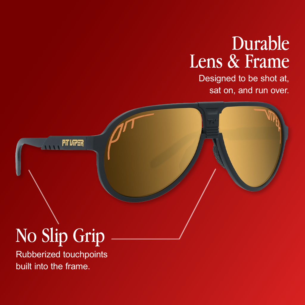 Infographic for Pit Viper Jethawk sunglasses showing an angled side view of a black aviator-style frame with gold mirrored lenses etched with outlined 'PIT' and 'VIPER' logos and a 'PIT VIPER' logo on the temple, set against a red background, with 2 callouts: 'Durable Lens & Frame - Designed to be shot at, sat on, and run over.', 'No Slip Grip - Rubberized touchpoints built into the frame.'