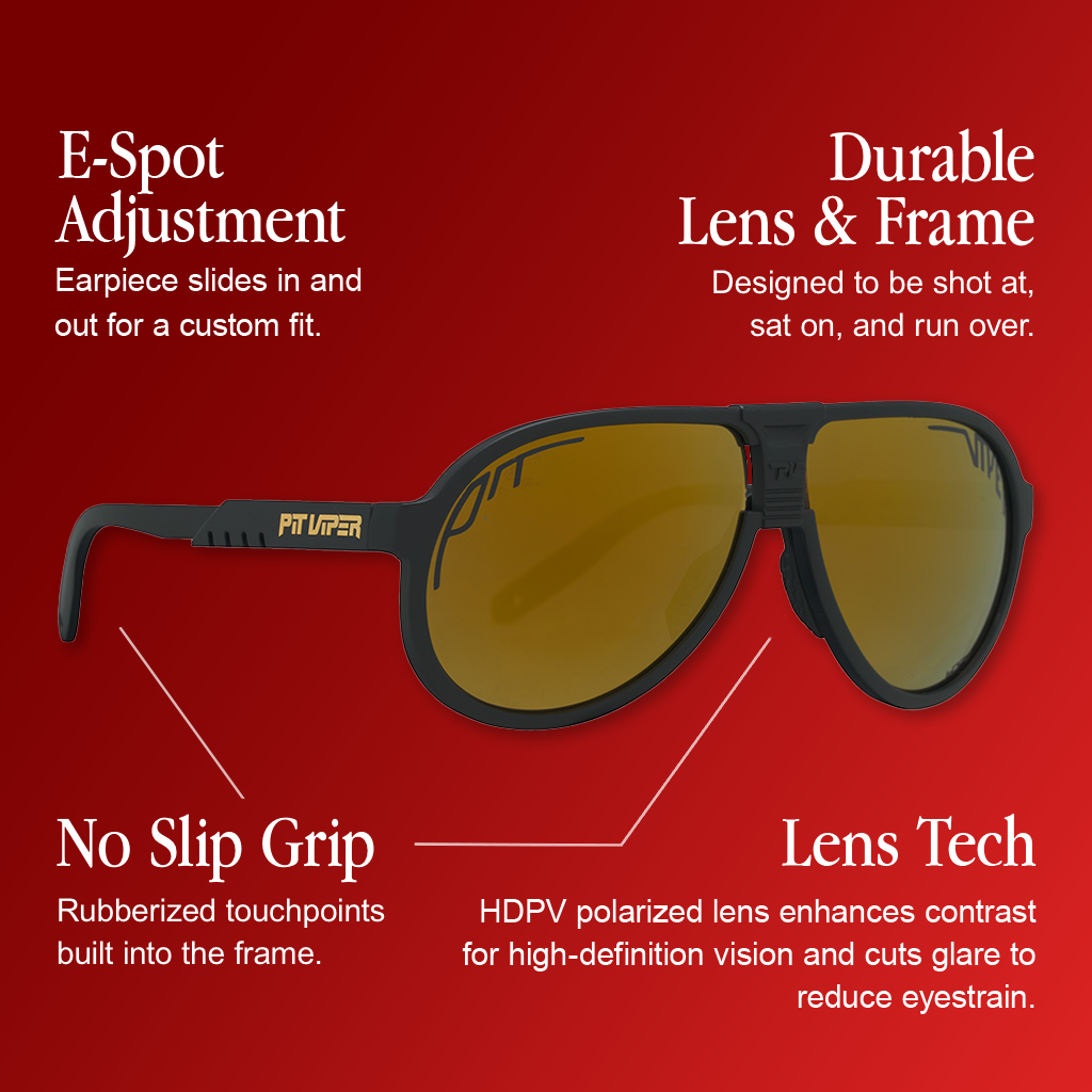 Infographic for Pit Viper Hdpv Jethawk sunglasses with 4 callouts: 'E-Spot Adjustment - Earpiece slides in and out for a custom fit.', 'Durable Lens & Frame - Designed to be shot at, sat on, and run over.', 'No Slip Grip - Rubberized touchpoints built into the frame.', 'Lens Tech - HDPV polarized lens enhances contrast for high-definition vision and cuts glare to reduce eyestrain.'