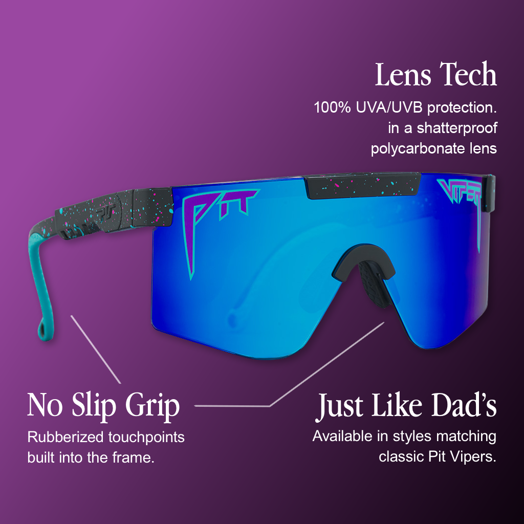 Infographic for Pit Viper Junior sunglasses showing a black speckled kids' frame with teal and purple accents, a teal earpiece tip, and a blue mirrored wraparound lens with a purple 'PIT' logo and teal 'VIPER' logo, viewed from the side against a purple background, with 3 callouts: 'Lens Tech - 100% UVA/UVB protection. in a shatterproof polycarbonate lens', 'No Slip Grip - Rubberized touchpoints built into the frame.', "Just Like Dad's - Available in styles matching classic Pit Vipers."