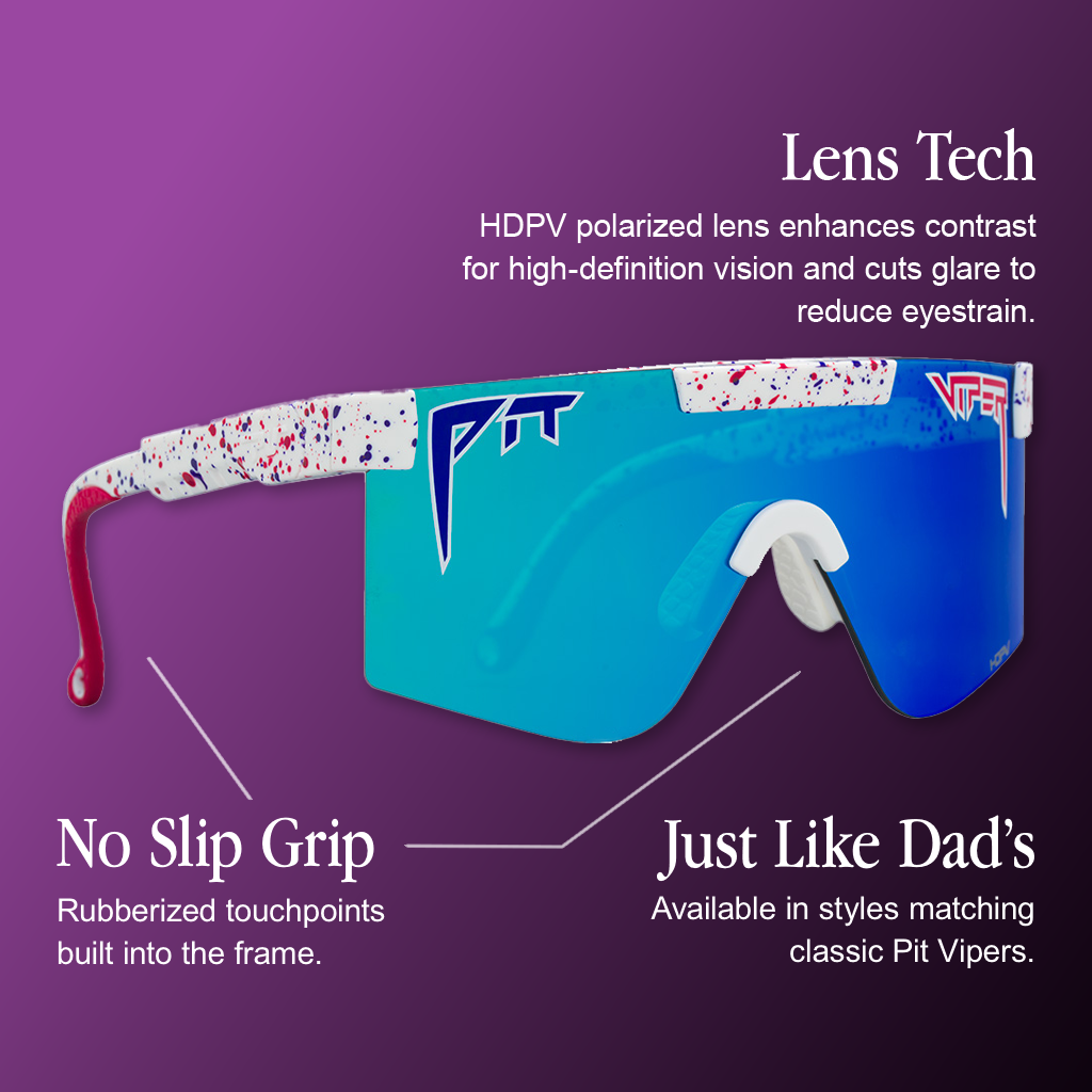 Infographic for Pit Viper Junior Hdpv sunglasses with 3 callouts: 'Lens Tech - HDPV polarized lens enhances contrast for high-definition vision and cuts glare to reduce eyestrain.', 'No Slip Grip - Rubberized touchpoints built into the frame.', "Just Like Dad's - Available in styles matching classic Pit Vipers."