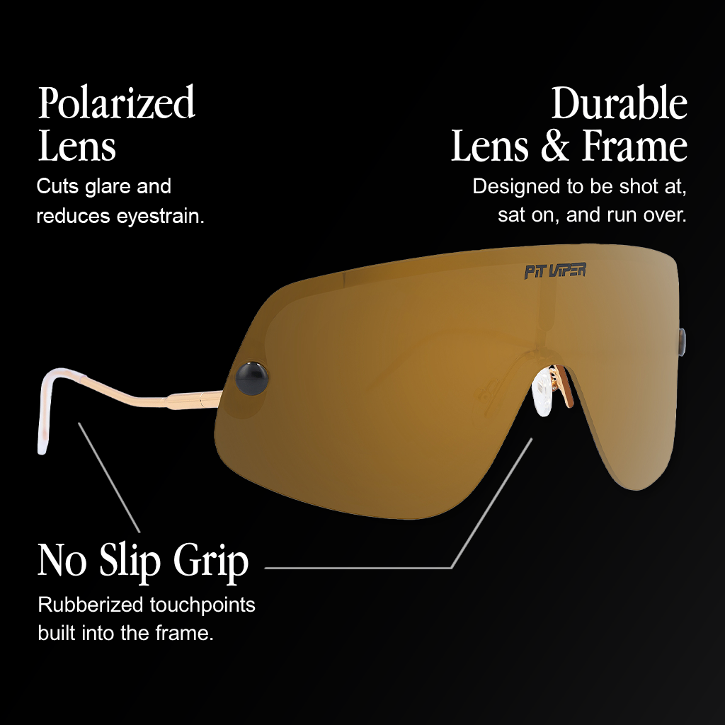Infographic for Pit Viper Limousine sunglasses showing an angled side view of a rimless shield-style frame with gold metal temple arms and a single-piece gold mirrored lens printed with a 'PIT VIPER' logo, set against a black background, with 3 callouts: 'Polarized Lens - Cuts glare and reduces eyestrain.', 'Durable Lens & Frame - Designed to be shot at, sat on, and run over.', 'No Slip Grip - Rubberized touchpoints built into the frame.'