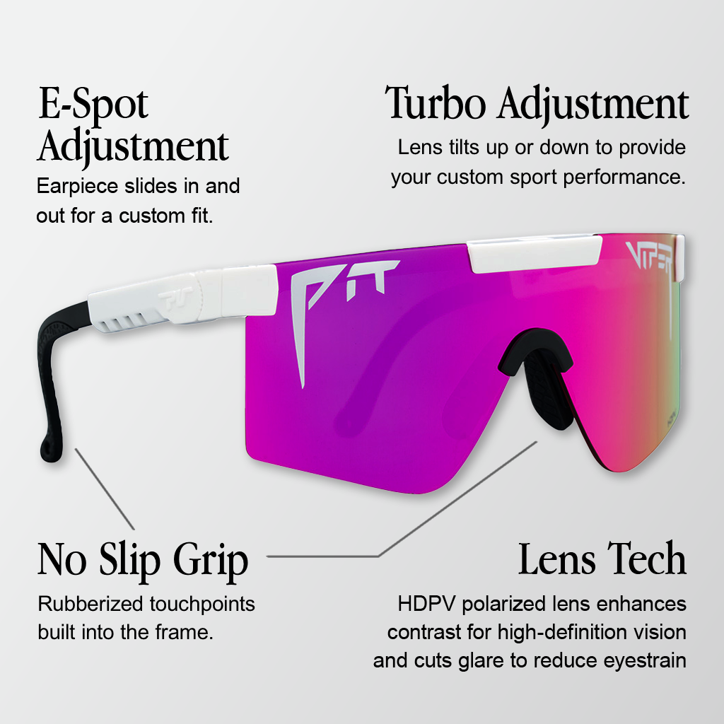 Infographic for Pit Viper Original Hdpv Polarized sunglasses with 4 callouts: 'E-Spot Adjustment - Earpiece slides in and out for a custom fit.', 'Turbo Adjustment - Lens tilts up or down to provide your custom sport performance.', 'No Slip Grip - Rubberized touchpoints built into the frame.', 'Lens Tech - HDPV polarized lens enhances contrast for high-definition vision and cuts glare to reduce eyestrain.'