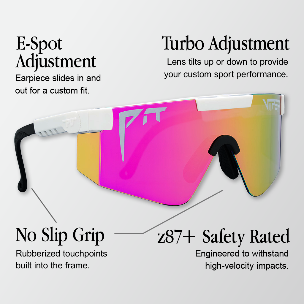 Infographic for Pit Viper Original Z87 sunglasses with 4 callouts: 'E-Spot Adjustment - Earpiece slides in and out for a custom fit.', 'Turbo Adjustment - Lens tilts up or down to provide your custom sport performance.', 'No Slip Grip - Rubberized touchpoints built into the frame.', 'z87+ Safety Rated - Engineered to withstand high-velocity impacts.'