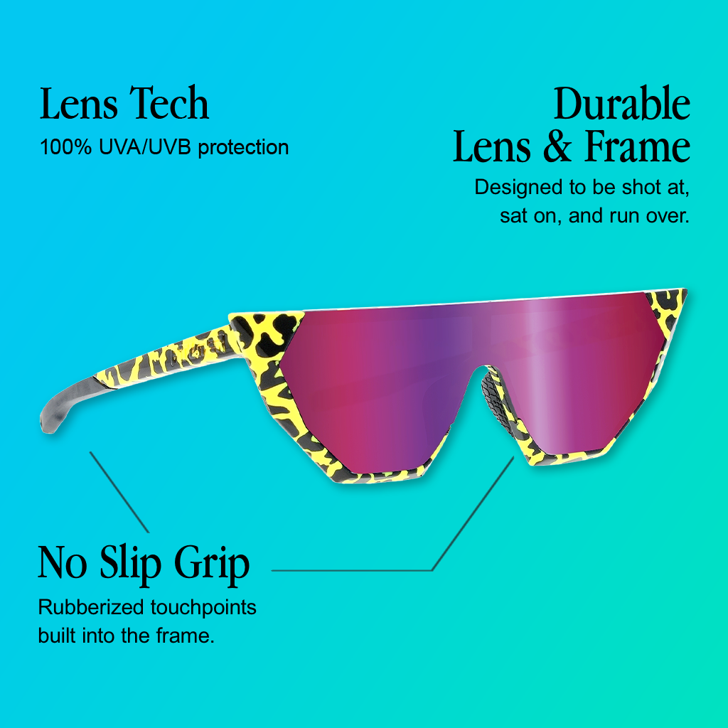 Infographic for Pit Viper Showroom sunglasses showing a side-angle view of a shield-style single-lens frame in yellow-and-black leopard/cheetah print with a pink-to-purple mirrored lens, set against a blue-to-teal gradient background, with 3 callouts: 'Lens Tech - 100% UVA/UVB protection', 'Durable Lens & Frame - Designed to be shot at, sat on, and run over.', 'No Slip Grip - Rubberized touchpoints built into the frame.'