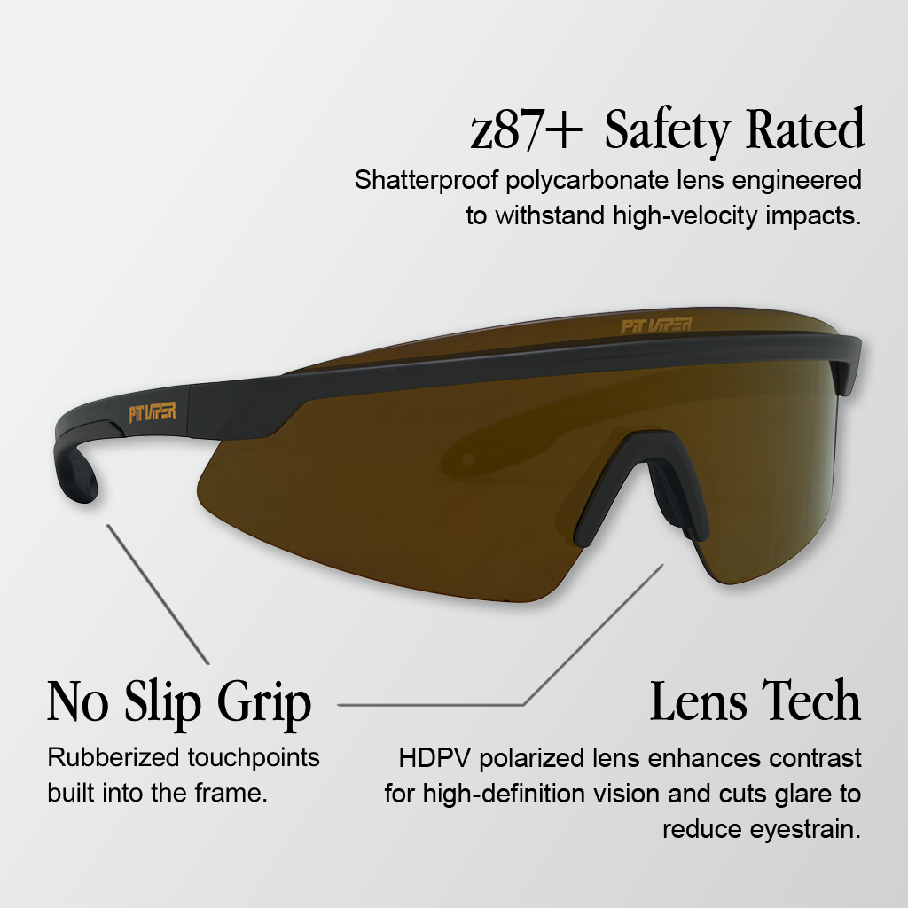 Infographic for Pit Viper Skysurfer HDPV Polarized sunglasses showing a side/angled view of a matte black wraparound frame with a brown/amber polarized lens and a gold 'PIT VIPER' logo on the temple and brow bar with 3 callouts: 'z87+ Safety Rated - Shatterproof polycarbonate lens engineered to withstand high-velocity impacts.', 'No Slip Grip - Rubberized touchpoints built into the frame.', 'Lens Tech - HDPV polarized lens enhances contrast for high-definition vision and cuts glare to reduce eyestrain.'