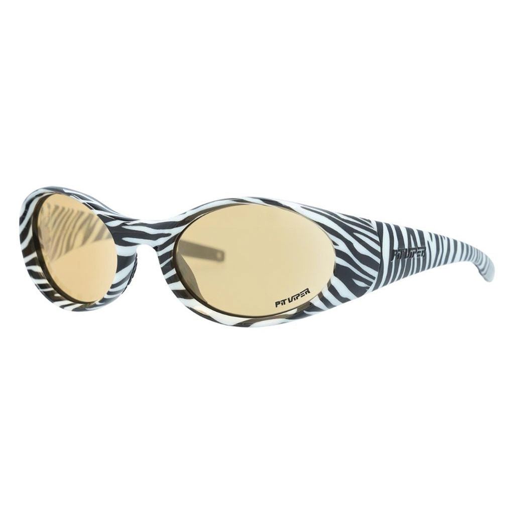 The Herbivore Slammer from Pit Viper Sunglasses, 1999 retro oval sunglasses with zebra print frame and low light lens