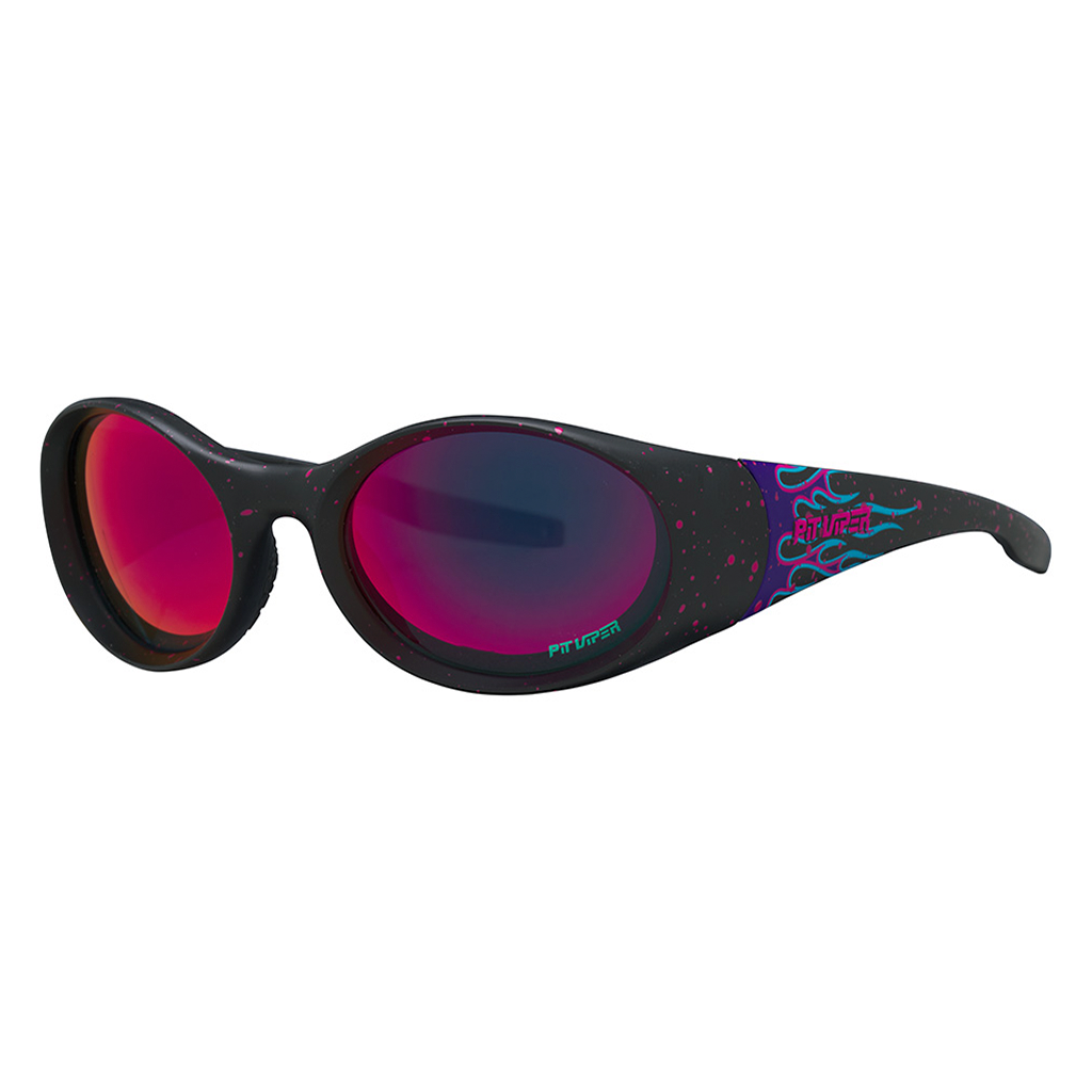 The Ignition Slammer by Pit Viper, 1999 retro oval sunglasses with purple flames on the lens and a purple lens