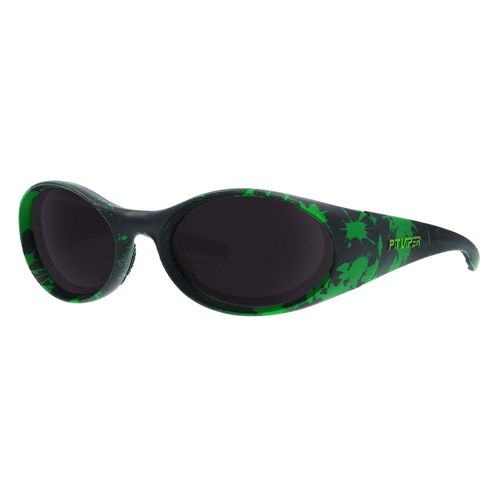 The Slime Slammer from Pit Viper Sunglasses, 1999 retro oval sunglasses with a black lens and slime splatter on the frame