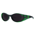 The Slime Slammer from Pit Viper Sunglasses, 1999 retro oval sunglasses with a black lens and slime splatter on the frame