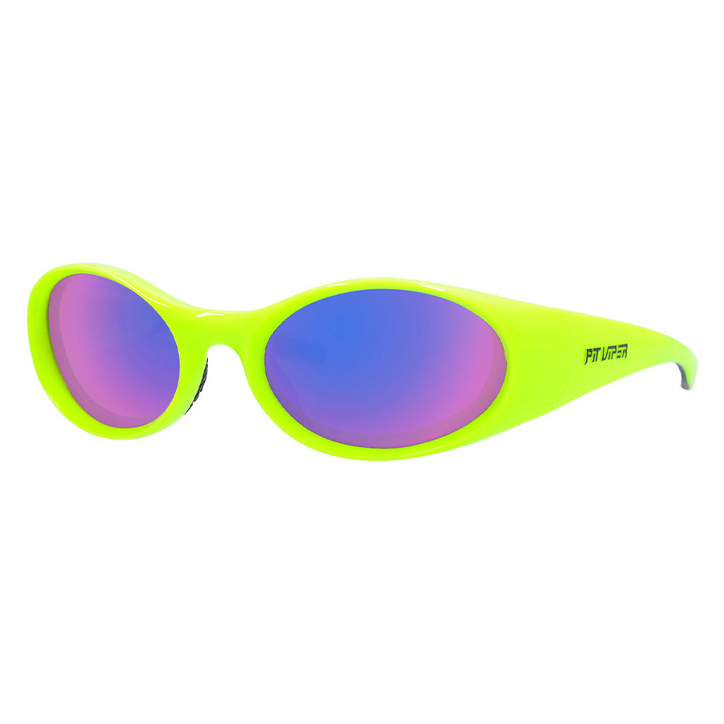 The Sludge Slammer from Pit Viper, 1999 retro oval sunglasses with neon green frame and a purple lens