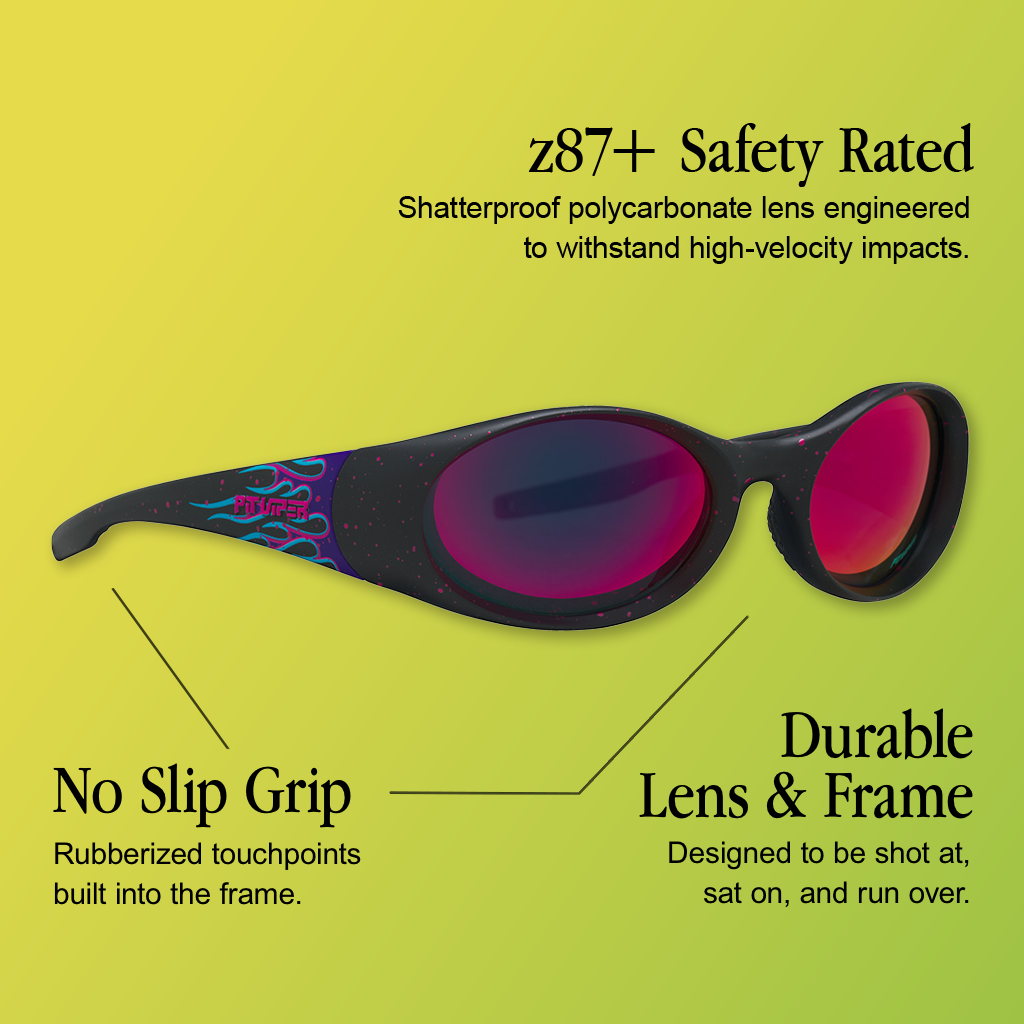 Infographic for Pit Viper Slammer Z87 sunglasses with 3 callouts: 'z87+ Safety Rated - Shatterproof polycarbonate lens engineered to withstand high-velocity impacts.', 'No Slip Grip - Rubberized touchpoints built into the frame.', 'Durable Lens & Frame - Designed to be shot at, sat on, and run over.'